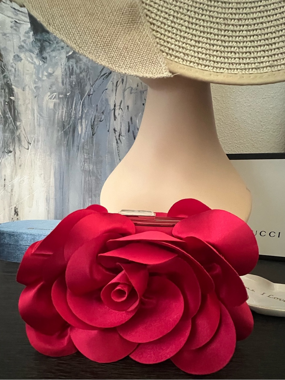 White House Black Market Red Satin 3D Rose Flower Evening Clutch Bag Formal